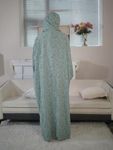 New Comfortable Breathable Fashion Printed Loose Prayer Robe With Attached Scarf Dress Vacation Spring - Mint Green - View 4