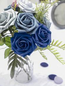 Floroom仿真花，7/12/17/22/27枝，逼真淡玫瑰色泡沫仿真玫瑰带茎，适用于DIY婚礼花束、新娘送礼会中心装饰、花艺布置、派对餐桌、家居装饰（OPP袋包装，无包装盒）、情人节、生日、毕业礼物 - 藍色 - 查看 6
