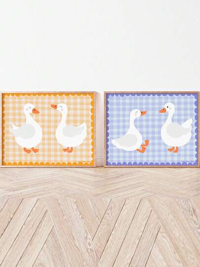 1pc Canvas Wall Art - Baby Goods Goose-Themed Printable Wall Decoration For Kids' Room – Yellow & Blue Checkered Goose Illustration, Framed Nursery Wall Art Perfect For Playroom Decor Nursery Decor, Childcare Room Decor, Preschool Decor Boy's Room Decor Girl's Bedroom Decor Kids' Room Decor