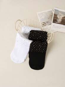 2双女童袜子，黑白时尚菱形镂空图案袜子，夏季薄网眼菱形网袜，以及女童连裤袜 - 彩色 - 查看 4