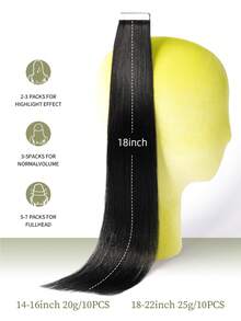 DNE HAIR 10片装100%真人发无缝隐形接发片，1号乌黑直发，长度14-22英寸，丝滑柔顺，发尾浓密，适合细软发质，沙龙及日常使用。 - S1 - 查看 4