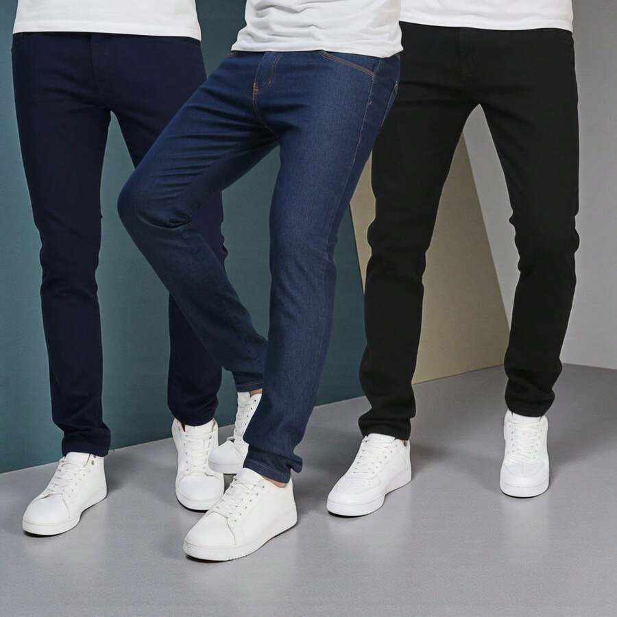 Kit 3 Men's Laicra Basic Casual Jeans With Dark + Medium + Stained Elastane - 白色 - 查看 1