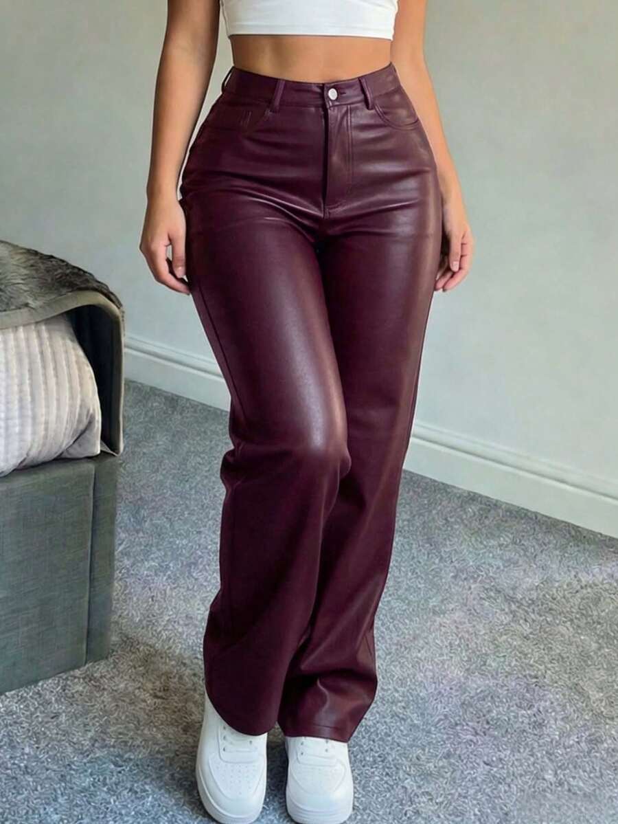 Women's High Waist Glossy PU Leather Wide Leg Pants, Matte Coating, Fashion Versatile, Suitable For Party, Commute, Music Festival, Vacation, Casual Straight Leg Pants, Spring/Summer Essential, Bestseller, Y2K Style, Suitable For Party, Commute, Holiday, Festival, Outdoor Activities, Spring/Summer Wear, Suitable For Tall Women, Outerwear, Black, Trousers