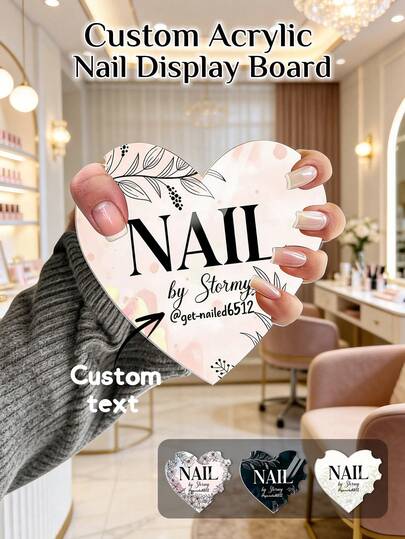 Tablero de exhibición de arte de uñas acrílico personalizado y personalizado - Prop de selfie de acrílico de alta transparencia (10.2 * 10.2 cm / 4 * 4 pulgadas) para mostrar hermosamente los diseños de uñas. Personaliza con tu nombre/logotipo/texto. Incluye un soporte estable. Regalo ideal para festivales para artistas de uñas, salones, bloggers de belleza. Perfecto para fotos en redes sociales, promociones de salón, talleres.