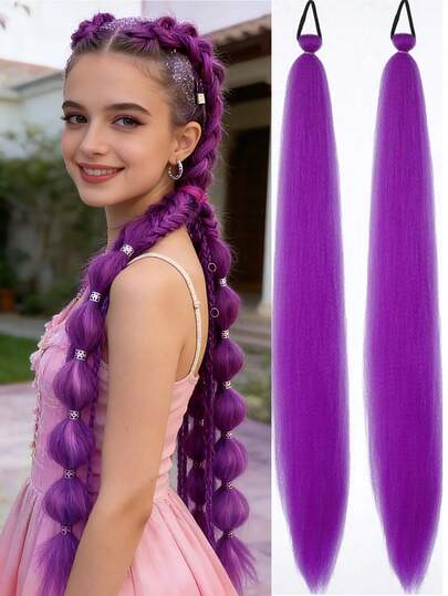 2 piezas Peluca morada de 26 pulgadas para niños en Halloween, accesorios para el cabello sintético largo y liso con trenzas de colores DIY para niñas