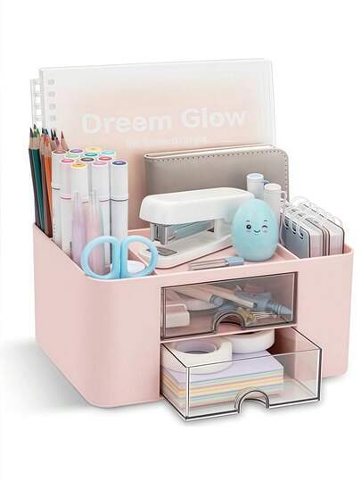 1pc Multifunctional Desktop Organizer Box With 2 Drawers For Office, Vanity, And School Desk-Space-Saving, Storage Solution For Documents, Stationery, Cosmetics, Accessories, And Gadgets; Versatile Desk Organizer For Home Office, Makeup Vanity, Study Desk, And Creative Workspace, Neat And Stylish Organization Accessory For Modern Rooms