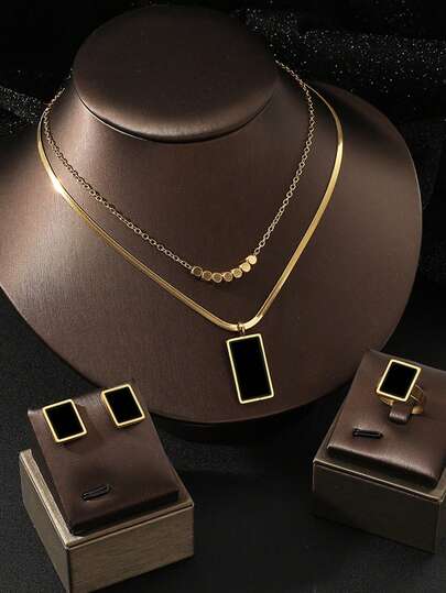 不锈钢方形吊坠双层链项链、耳环、戒指，女士首饰套装，适合派对、节日礼物、日常佩戴