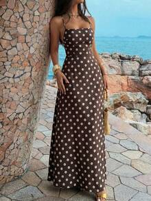 Đầm maxi nữ Unadoll mùa xuân hè, họa tiết chấm bi lớn kiểu Pháp, cổ vuông, dây mảnh, hở lưng, thắt eo, màu nâu đậm, thích hợp cho kỳ nghỉ biển, kiểu dáng thanh lịch. - màu nâu - Xem 6