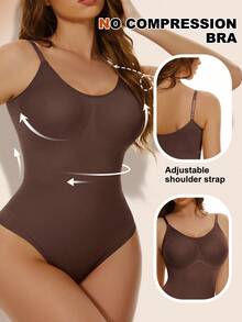 Women's Smooth Shapewear Slimming Bodysuit Tummy Control Body Shaper Jumpsuit With High Cut Thong, Flat Belly Sheath Design, Sculpting Waist Trainer Body Suit, Snatched Fit Plus Size Tops - 棕色 - 查看 4