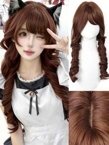 合成长款波浪棕色假发，带刘海，蓬松柔软，适合女性洛丽塔角色扮演，耐热，日常派对适用 - 彩色 - 查看 3
