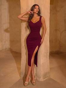 ADYCE White Sleeveless V-Neck Ruffle Front Slit Party Dress, Elegant For Cocktail Party, Semi-Formal Dance, Wedding Guest Attire, Suitable For Birthday, Dinner, Homecoming, Summer Formal, Graduation, New Year And Other Occasions Spring - Burgundy - View 5