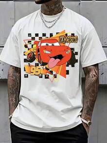 Disney-KA-COW! "Lightning McQueen Fun Printed T-Shirt White Base Loose Short Sleeve American Racing Style Top - White - View 2