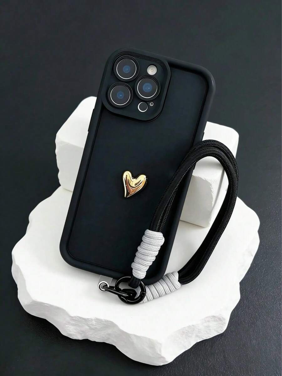 Ốp điện thoại màu đen tuyền tối giản chất lượng cao với mặt dây chuyền hình trái tim vàng có thể tháo rời, vật dụng thiết yếu hàng ngày, chống sốc, chống trượt, chống trầy xước, tương thích với iPhone 17/17 Pro/17 Pro Max/17 Air, 16/15/14/13/12/11/Pro/Pro Max/Plus, S20-S25/FE/Ultra, A56 5G, điện thoại - Quà tặng sinh nhật, quà tặng ngày Valentine, quà tặng năm mới - Ốp điện thoại, phụ kiện điện thoại, ốp 16 inch - Trái tim đen + vàng - Xem 1