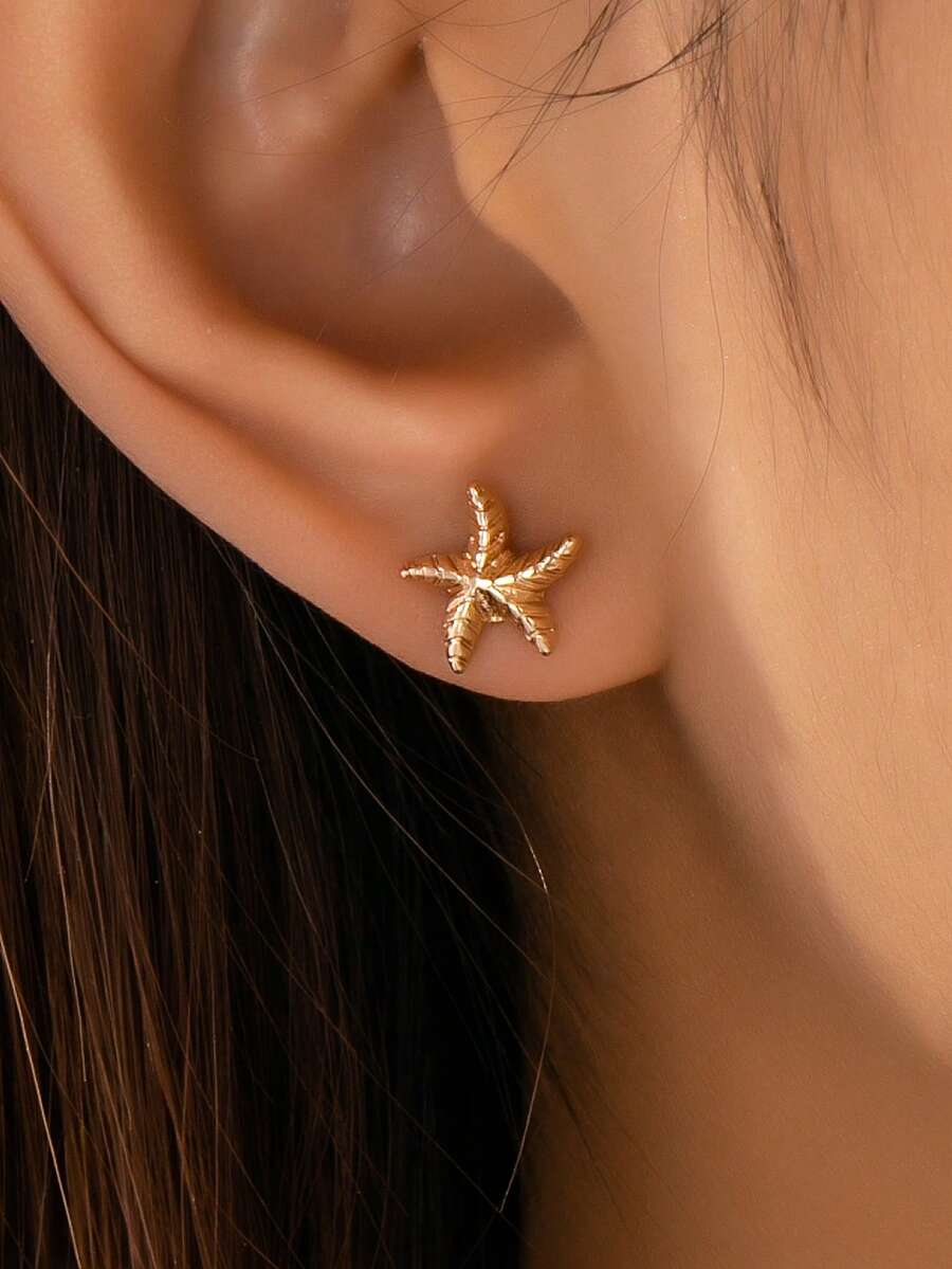 一对镀金海星耳环，海洋生物海星耳环，波西米亚风沙滩饰品 - 金色 - 查看 1