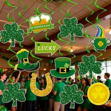 12 Pcs Irish Festival Hanging Swirl Decorations Creative Letter Shamrock Hat Pattern Ceiling Spiral Streamers For Party Home - Army Green - View 3
