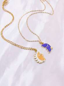 2件套锌合金油滴日月吊坠项链套装，适合作为节日礼物 - 彩色 - 查看 1