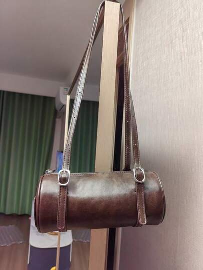 Vintage Coffee Color Cylinder Handbag, New Arrival Elegant Niche Fashion Versatile Commuter Shoulder Underarm Bag With Phone & Coin Pouch For Women