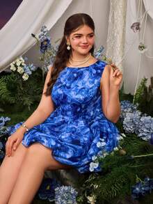 Faeriesty 优雅印花无袖派对连衣裙 - 藍色 - 查看 9