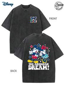 Disney Mickey & Minnie Mouse "The American Dream" Cotton T-Shirt, Fashionable T-Shirt, Retro Mickey Mouse T-Shirt, Men's And Women's T-Shirt, 230G Washed High-Quality Cotton Printed T-Shirt, Magic Kingdom, Disney Family Travel Shirt, Men's Casual Fashion - 黑色 - 查看 3