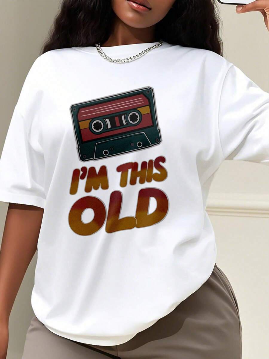 Oversized Style For Women, Funny Retro "I'm This Old " T-Shirt With Vintage Cassette, Floppy Disk, VHS Design - 90s Throwback, Great Gift Idea, Oversize Type Shirt For Women, Perfect For Holiday Parties Or Gift Giving, Soft And Comfortable - 白色-款式1 - 查看 1