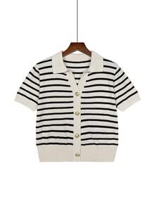 Women's Contrast Stripe Polo Collar Knit Button Front Fitted Short Sleeve Top - Multicolor - View 5