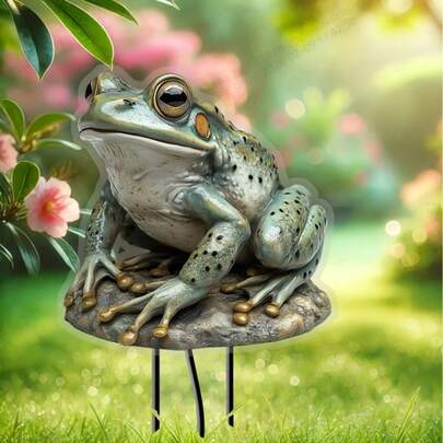 1pc Artistic Frog Garden Stake Decor, Realistic 2D Acrylic Frog On Stone Base, Shadowless, Suitable For Outdoor Lawn And Balcony Potted Plant Decoration, Holiday Theme, Animal Pattern, Plastic, No Power Source Required