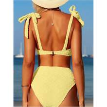 Push Up BikiniWomen's High Waisted Swimsuit - Textured Yellow Two Piece Bathing Suit Underwire Support Tie Shoulder Bikini - M - Multicolor 630 - View 3