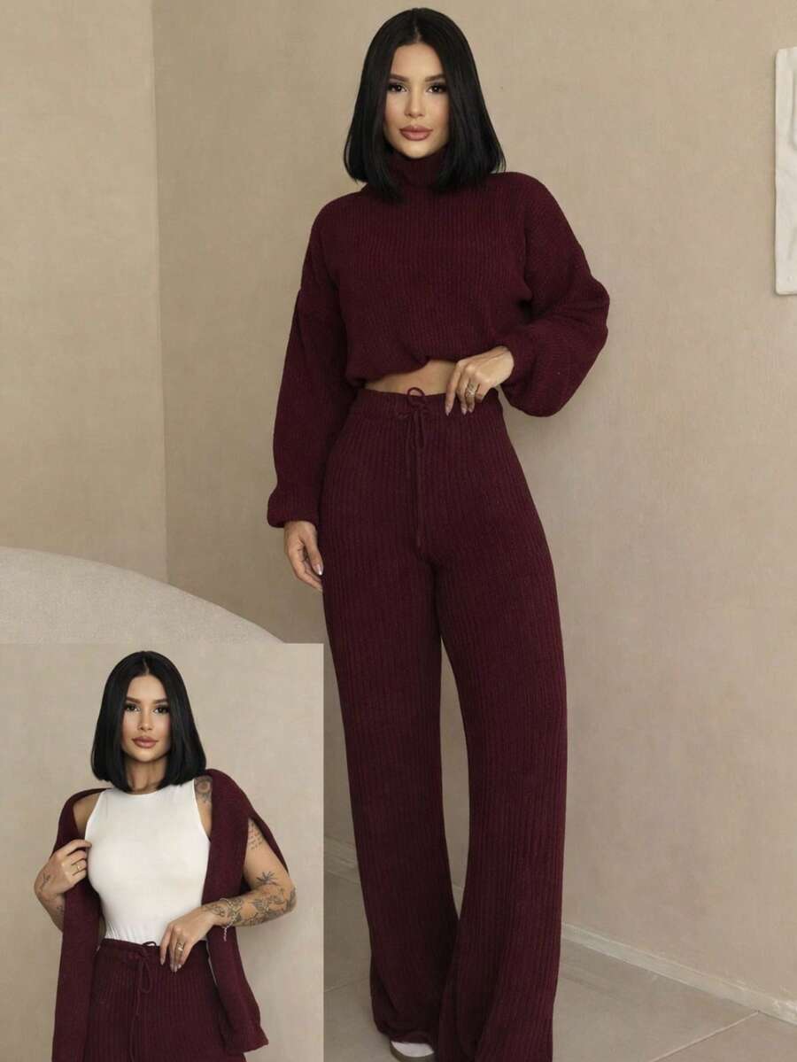Women's Mousse Knit Set Wide Leg Pantaloons And Cropped Top Aerolook Autumn Winter - Màu Đỏ Sâu - Xem 1