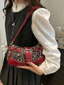 Love Deeply New Fashion Buckle Leopard Print Handbag & Shoulder Bag, Suitable For Parties, Outings, Vacations, Shopping And Daily Use, Can Store Coins, Phones, Also Suitable As A Work Bag For White-Collar, College Students And Office Workers, Elegant Ladies Bag, New Fall Winter Cheetah Print Purse For Women , Leopard Cheetah Print - 紅色 - 查看 3