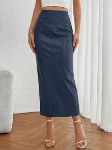 Women's New Fall Faux Leather Maxi Skirt, High Waist, Elegant Casual Pencil Maxi Skirt Slit Design New Years Valentine Vacation Skirt - Xanh nước biển - Xem 5