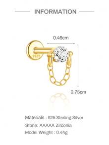 EleRunis 1件 925纯银单钻链平底耳骨耳廓穿孔饰品，适合日常佩戴、婚礼、派对、订婚、周年纪念、情人节等场合。 - 金色 - 查看 4