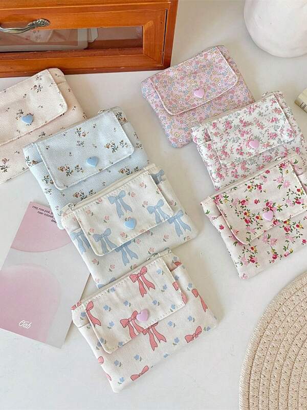 1Pc Versatile Double-Layer Floral Card Bag With A Large Capacity Coin Purse, Miscellaneous Items Bag, ID Card, Bank Card Storage Bag, Headphone Storage Bag, Essential For Shopping And Travel, Cute, Compact And Portable, Birthday Gift