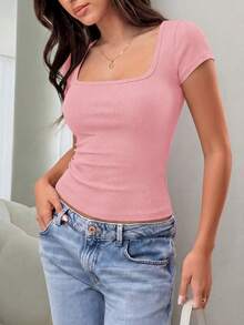 Women Summer Square Neck Short Sleeve Fitted Ribbed Knit T-Shirt Spring Basic Going Out Workout Y2k Shirt Tops Outfits - Pink - View 4