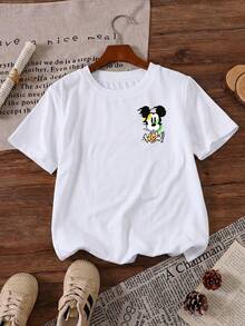 Disney Mickey Mouse Good Vibes Stay Strong Neon Quotes Printed Pattern T-Shirts For Girls - Children's Clothing Design Short-Sleeved Casual And Cute Style Comfortable And Casual Wear All Year Round Suitable For Parties And Play Machine Washable Gift Children's Clothing Girls' Short-Sleeved Shirts - trắng - Xem 3