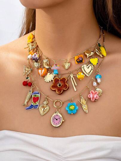 1pc Handmade Glass Flower Heart Bow Charm Necklace, Women's Fashion Y2K Funky Necklaces, Boho Jewelry For Summer Vacation Travel (Slight Variations In Color And Shape)