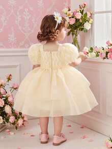 Baby Girls' Square Neck Ruffle Organza Cute Minimalist Princess Dress, Suitable For 1st Birthday Party, Wedding, Banquet, Vacation, Photo Shoot, Excluding Headband - Champagne - View 2