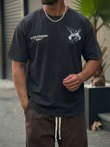 Men's Handmade Custom Letter Slogan Angel Statue Graphic T-Shirt, Summer Street Fashion Renaissance Gothic Style Black - Black - View 3