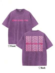 Summer Tops2026Heavyweight Washed T-Shirt - Jesus Loves You Religious Graphic T-Shirt, Pink-Green Background With Pink Letter Double-Sided Print - Chr - 紫色 - 查看 9