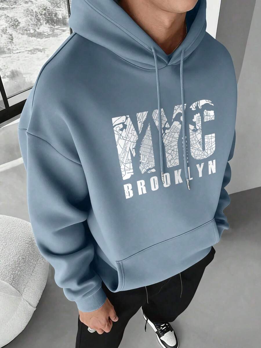 Hoodie Kasual Pria, Motif Slogan NYC, Saku dengan Tali Serut, Musim Semi/Gugur - Baby Blue - View 1
