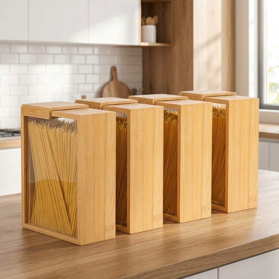 3Pcs Wooden Cereal Storage Containers Set | Clear Grain & Rice Storage Jars With Removable Lids For Kitchen Pantry - Wood Color - View 1