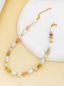 1 pieza Collar de clavícula con estrella de mar de perlas falsas hecho a mano de estilo de moda, con piedras de colores, joyería de playa para uso diario y vacaciones, regalo - Multicolor - Ver 3