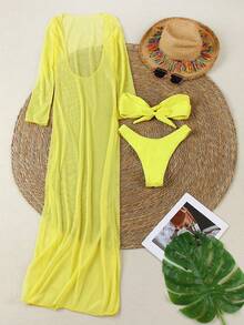Women's Summer Beach Solid Color Bandeau Sexy Fashion Bikini Two-Piece Swimsuit Set With Cover-Up Dress - Yellow - View 4