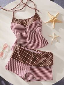 Women's Summer Beach Polka Dot & Striped Print Halter Tankini Swimwear Set Vacation - Reddish-brown - View 6