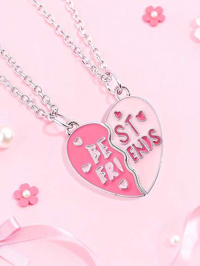 2pcs/Set Girls' Pink Heart-Shaped Oil Drop Pendant Necklace Set, Suitable For Sisters, Friendship Necklace, Ideal Gift For Best Friends, Daily Wear