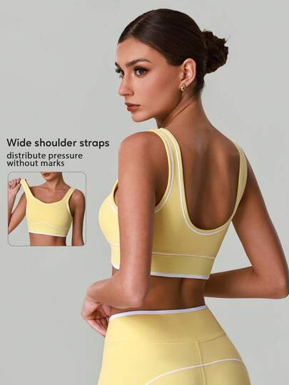 Women's Contrast Color Round Neck Backless Comfortable Casual Fitness Yoga Sports Bra With Pads
