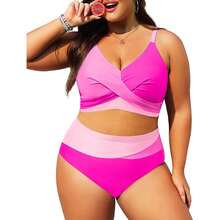 Plus Size Bikini-Pink Color Block 2XL - Twist Front V Neck& High Waisted Swimsuit - Bathing Suit For Women - Summer Beach Wear - Multicolor 657 - View 4