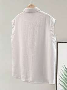 Women's Sleeveless Linen Shirt, Lapel Collar, Black Button, Single Pocket, Loose Casual Breathable Blouse For Commuting, Summer - White - View 2