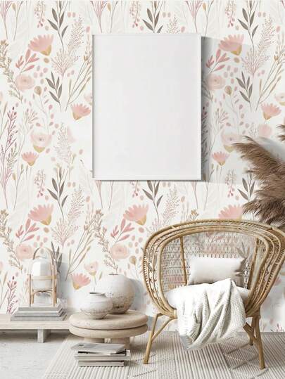 1 Roll Of 44cm Pink Flower And Leaf Tear-Off Wallpaper, Bohemian Detachable Pvc Wallpaper, Modern Neutral Self-Adhesive Wallpaper, Suitable For Cabinets, Bedroom Decoration, Decoration Sticker Peeling Wall Panels, Wallpaper, Wallpaper, Suitable For Spring/Summer/Autumn/Winter Decoration Projects To Refresh Your Home, Festival Decoration Sticker Gifts, Birthday, Graduation