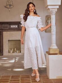 Simplee 女士夏季新款法式优雅白色镂空刺绣长裙两件套，露肩泡泡袖荷叶边设计，适合婚礼宾客、下午茶、花园派对、夏季度假等场合。 - 白色 - 查看 6
