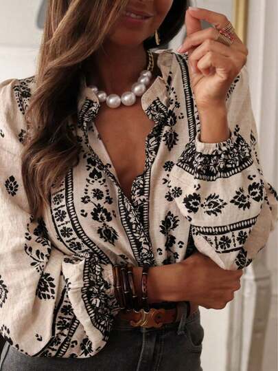Vintage Çiçek Desenli Şık Gömlek, Ekstra Uzun Puf Kollu Düğmeli Günlük Bluz, İlkbahar
